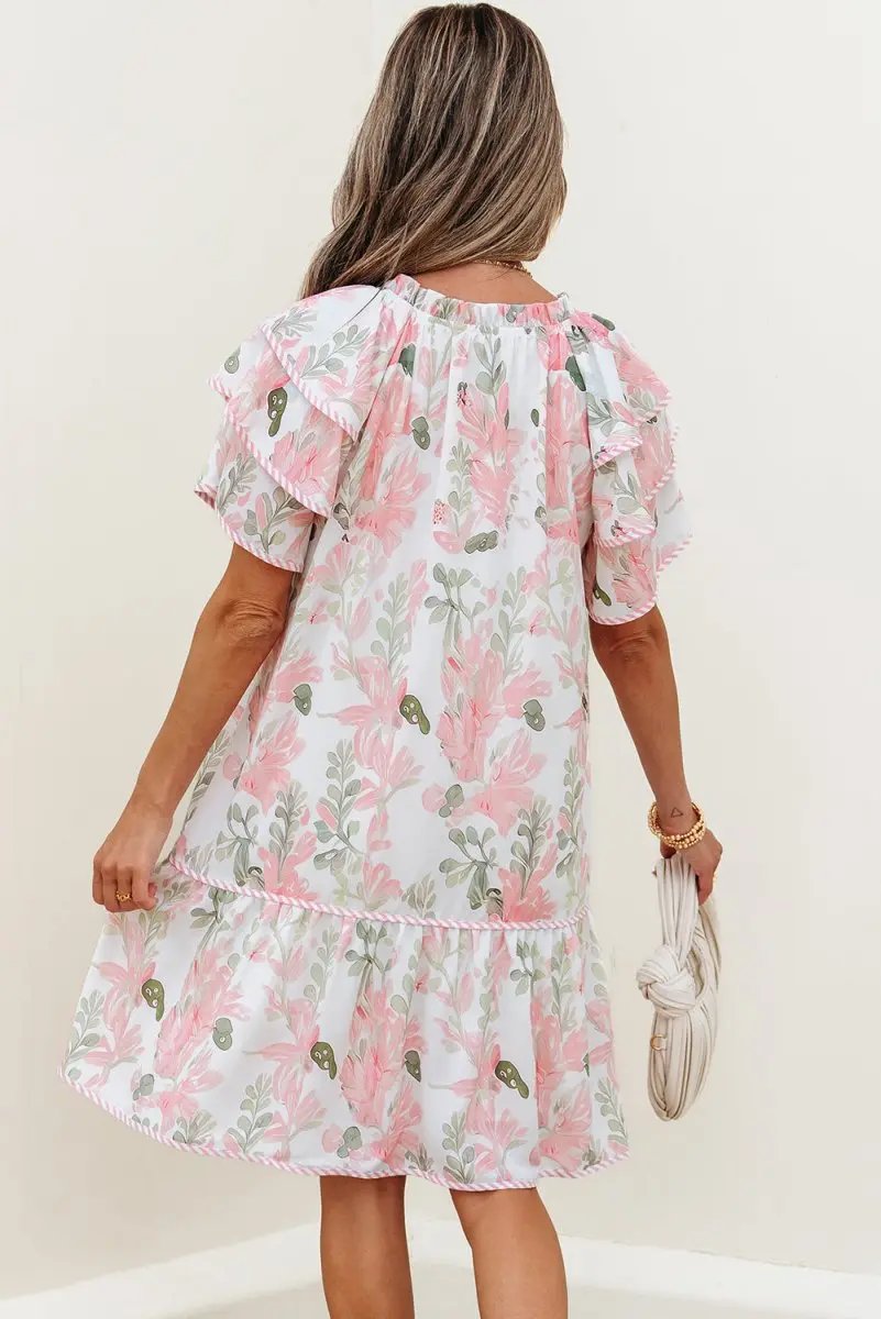 Pink Floral Contrast Edge Layered Short Sleeve Mini Dress - Love Salve